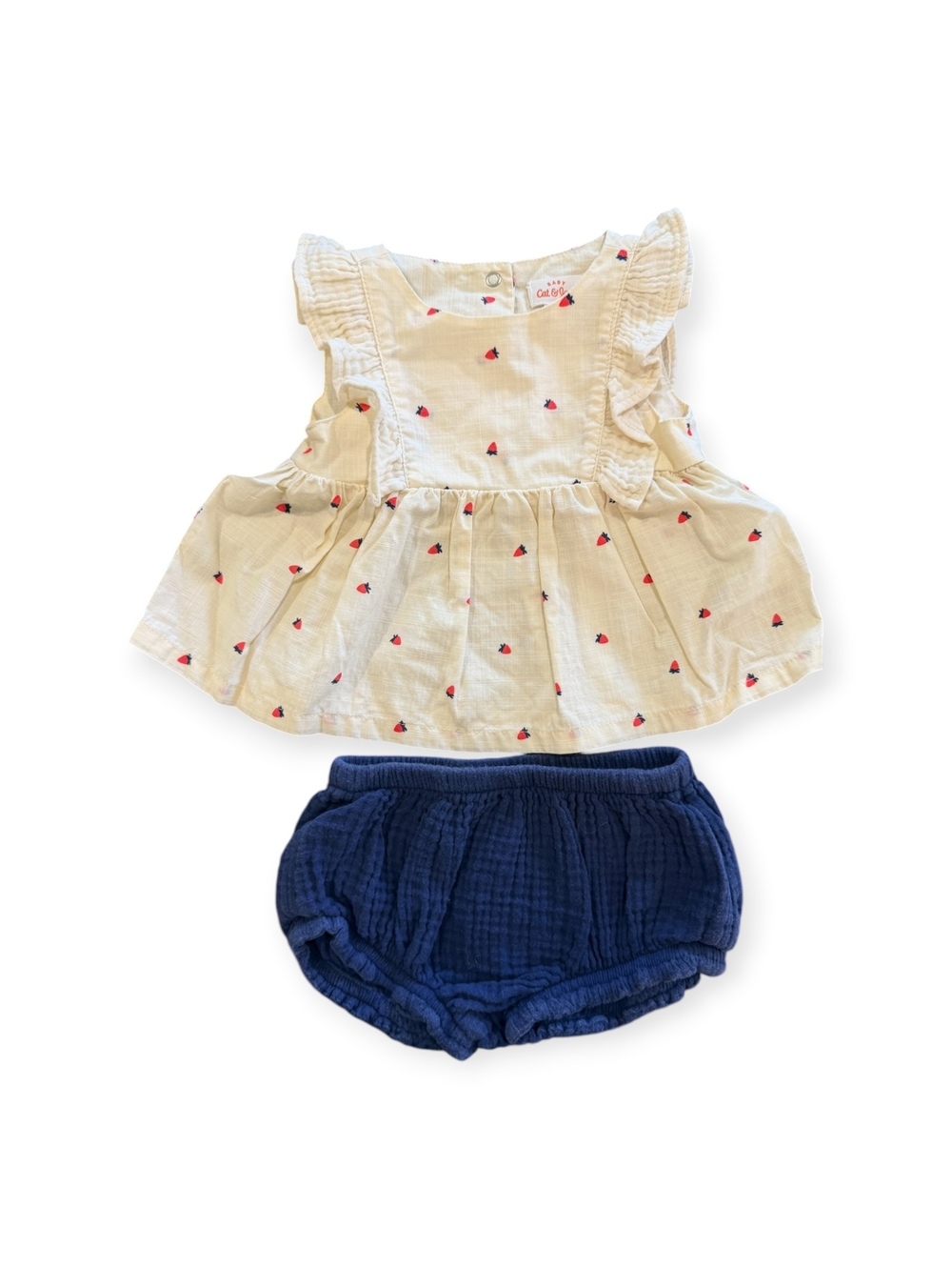 Cat & Jack 2-Piece Outfit, Size 3-6M, Strawberry Print Top w/Navy Blue Bloomers